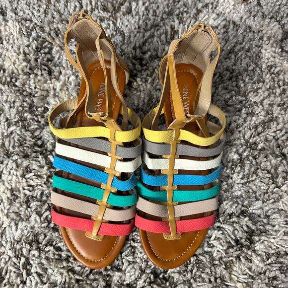 Nine West Calypso Gladiator Strappy Sandals 7.5 Rainbow Stripe Faux Leather - Picture 2 of 9